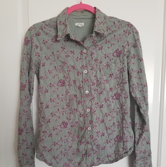 Anthropologie Tops - Anthro Odille Green Plaid Purple Eyelet Button Up